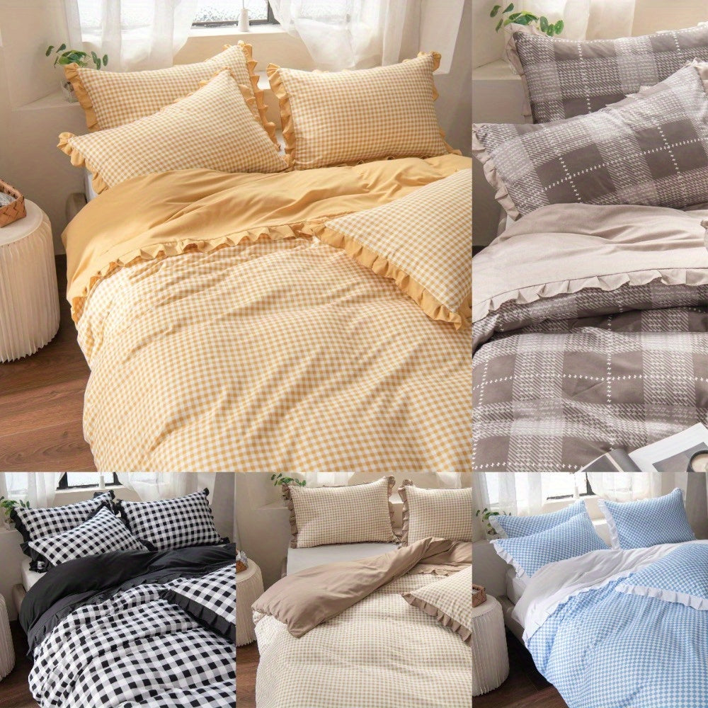 3pcs Ruffled Plaid Duvet Cover Set (1 Duvet Cover + 2 Pillowcases) Multi-color, Light Yellow\u002F Khaki\u002F Black\u002F Sky Blue\u002F Brown, Durable And Suitable for All Seasons, Machine Washable, (large\u002F Extra Large), Soft Fabrics to Create A Co
