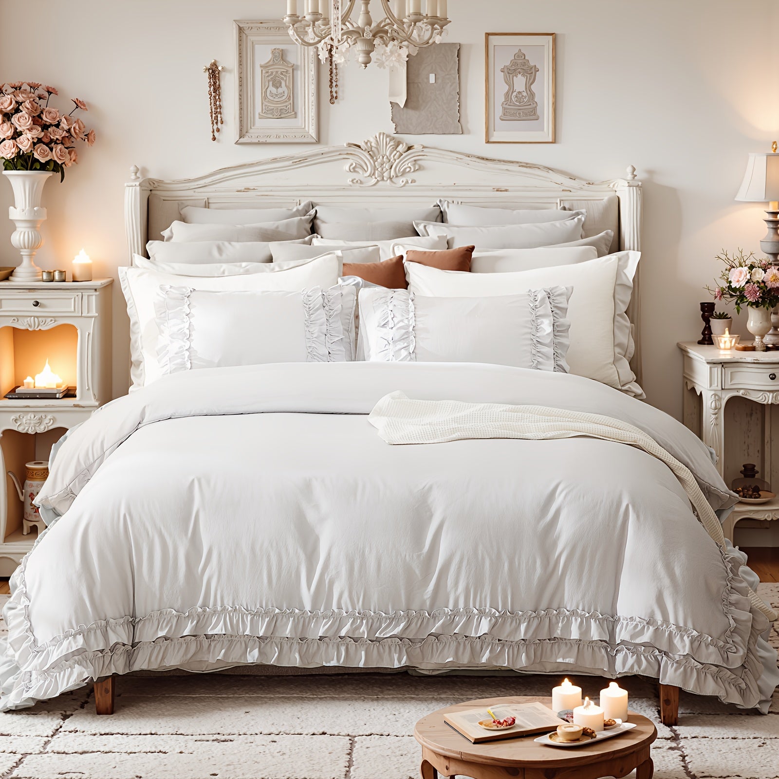 Ruffle Fringe Duvet Cover Queen Aesthetic Bedding Set Lace Ruffled Bedroom Decor Shabby Chic Comforter Cover Super Soft Breathable Cozy All Season Bedding Sets