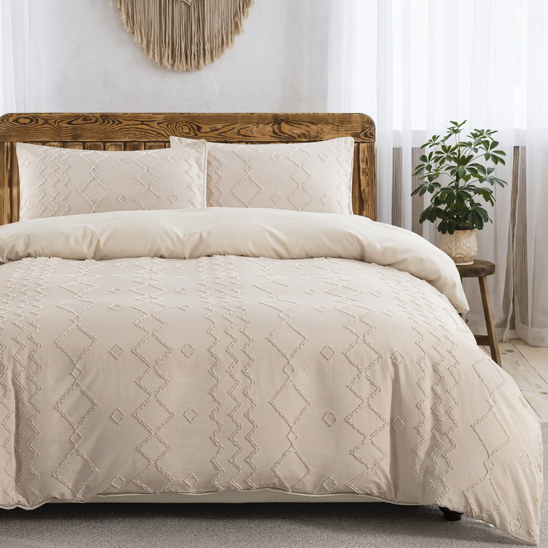 HERTALK Queen\u002F King 3pcs Bed Cover Set (1 Cover + 2 Pillowcases)---Beige Geometric Wave-Textured Bedding for Retro Natural Bedroom Lovers, Easy Care & Fade-Resistant S Ideal for Adults.