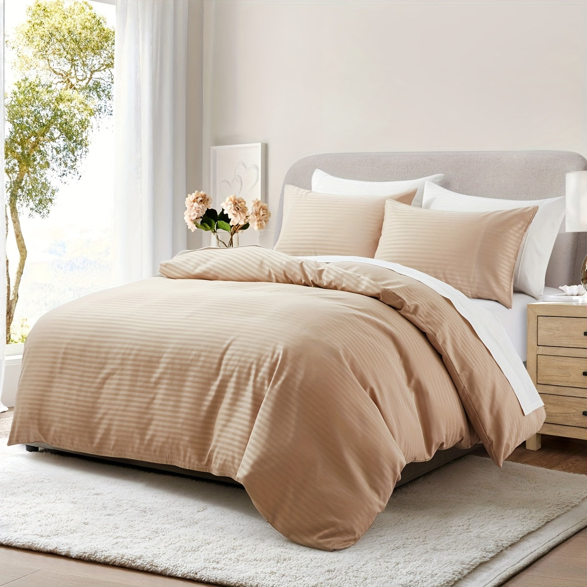 White Stripes | Twin\u002FQueen Size 68x90 | 3pcs Down Comforter Set Soft And Comfortable | Zipper Closure with Corner Ties Includes 1 Duvet Cover And 2 Pillowcases