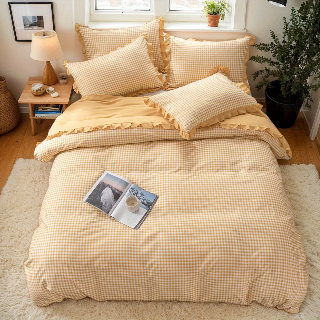 3pcs Ruffled Plaid Duvet Cover Set (1 Duvet Cover + 2 Pillowcases) Multi-color, Light Yellow\u002F Khaki\u002F Black\u002F Sky Blue\u002F Brown, Durable And Suitable for All Seasons, Machine Washable, (large\u002F Extra Large), Soft Fabrics to Create A Co