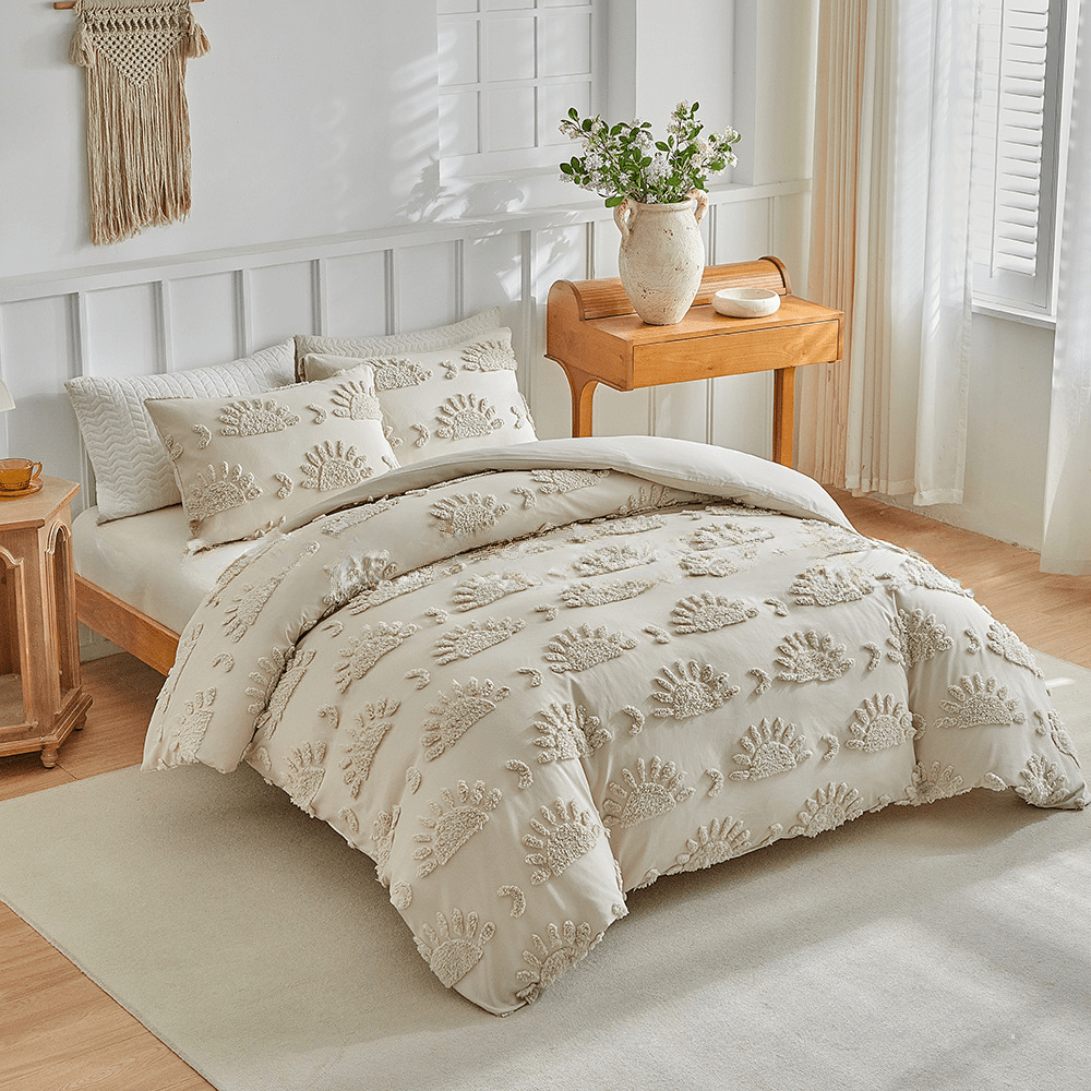 Tufted Leaf Pattern Bedroom Duvet Cover Three Piece Set Khaki Gray White Includes One Duvet Cover and Two Pillowcases with Zipper Closure and Corner Ties Warm Winter Bedding Ideal Christmas Gift