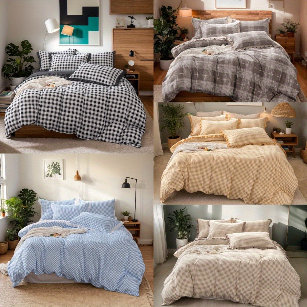 3pcs Ruffled Plaid Duvet Cover Set (1 Duvet Cover + 2 Pillowcases) Multi-color, Light Yellow\u002F Khaki\u002F Black\u002F Sky Blue\u002F Brown, Durable And Suitable for All Seasons, Machine Washable, (large\u002F Extra Large), Soft Fabrics to Create A Co