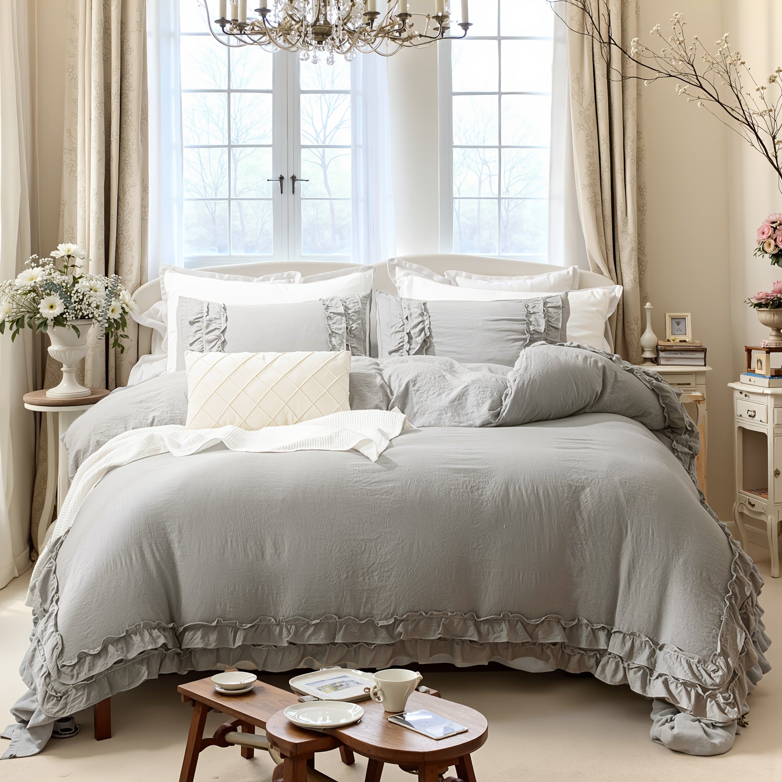 Ruffle Fringe Duvet Cover Queen Aesthetic Bedding Set Lace Ruffled Bedroom Decor Shabby Chic Comforter Cover Super Soft Breathable Cozy All Season Bedding Sets