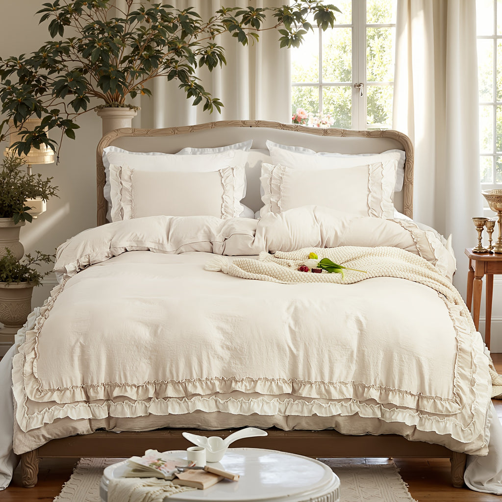 Ruffle Fringe Duvet Cover Queen Aesthetic Bedding Set Lace Ruffled Bedroom Decor Shabby Chic Comforter Cover Super Soft Breathable Cozy All Season Bedding Sets