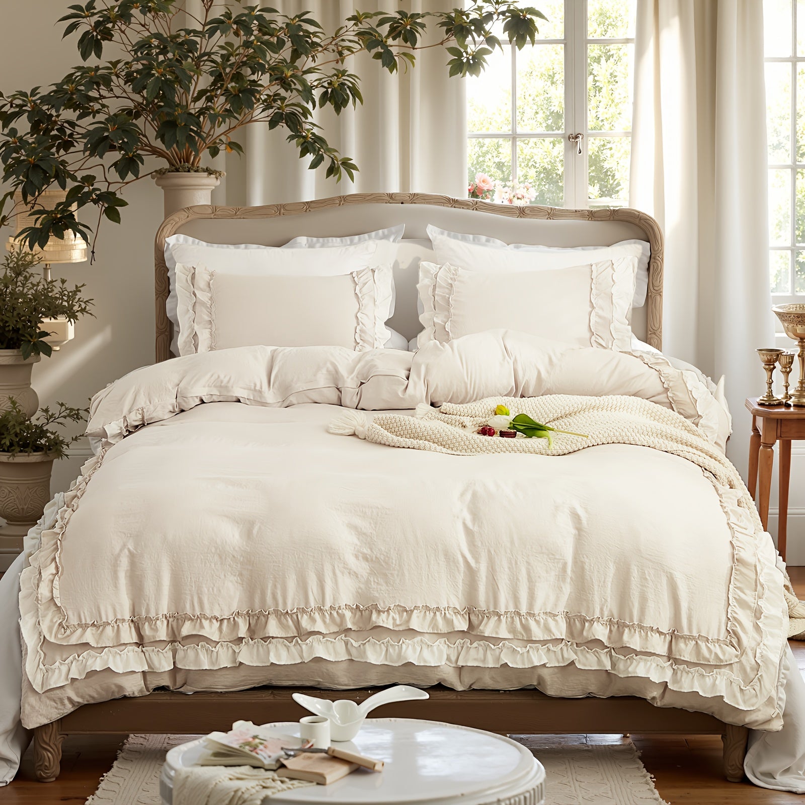 Ruffle Fringe Duvet Cover Queen Aesthetic Bedding Set Lace Ruffled Bedroom Decor Shabby Chic Comforter Cover Super Soft Breathable Cozy All Season Bedding Sets