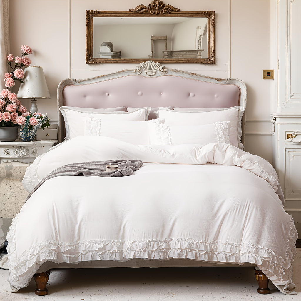 Ruffle Fringe Duvet Cover Queen Aesthetic Bedding Set Lace Ruffled Bedroom Decor Shabby Chic Comforter Cover Super Soft Breathable Cozy All Season Bedding Sets