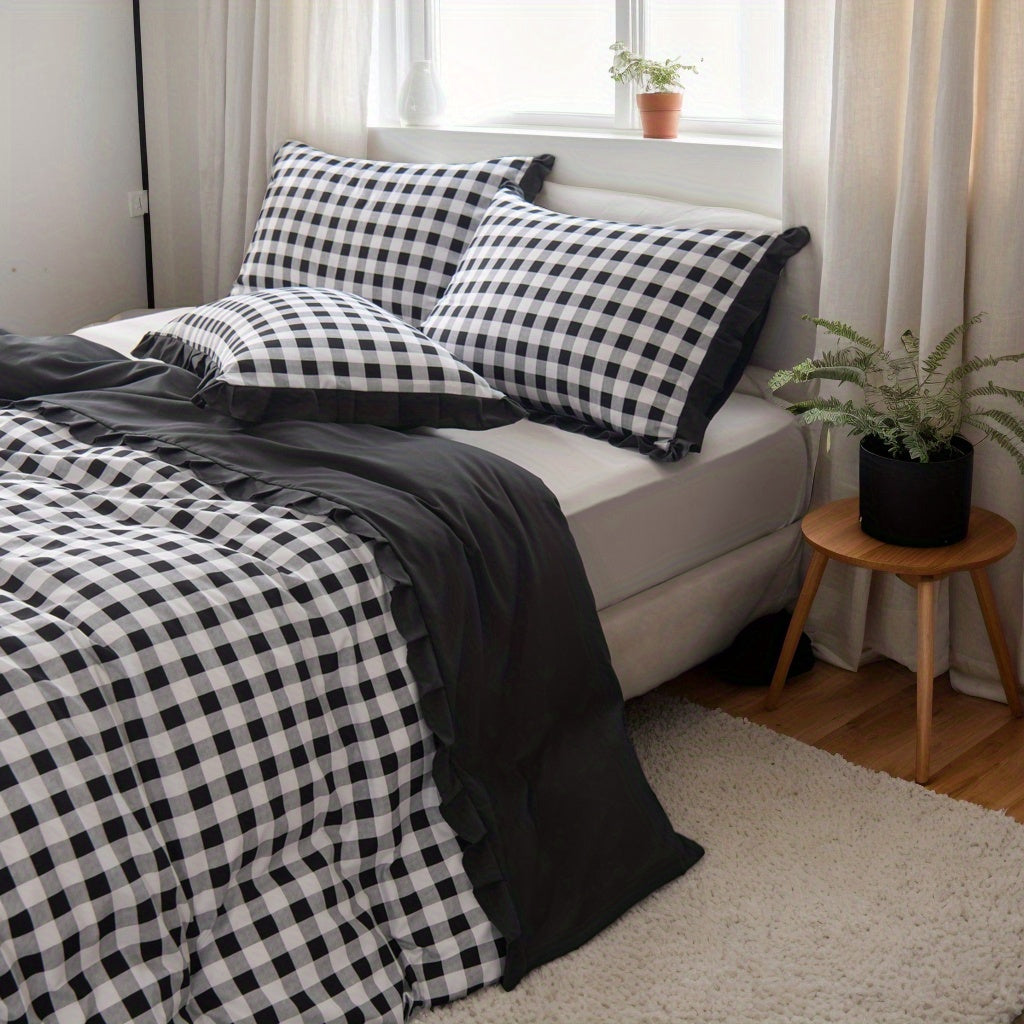 3pcs Ruffled Plaid Duvet Cover Set (1 Duvet Cover + 2 Pillowcases) Multi-color, Light Yellow\u002F Khaki\u002F Black\u002F Sky Blue\u002F Brown, Durable And Suitable for All Seasons, Machine Washable, (large\u002F Extra Large), Soft Fabrics to Create A Co