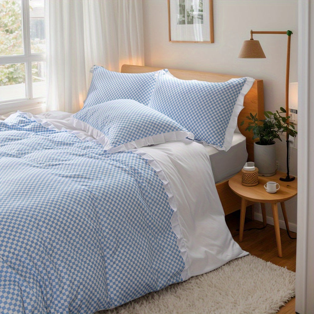 3pcs Ruffled Plaid Duvet Cover Set (1 Duvet Cover + 2 Pillowcases) Multi-color, Light Yellow\u002F Khaki\u002F Black\u002F Sky Blue\u002F Brown, Durable And Suitable for All Seasons, Machine Washable, (large\u002F Extra Large), Soft Fabrics to Create A Co