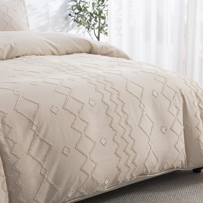 HERTALK Queen\u002F King 3pcs Bed Cover Set (1 Cover + 2 Pillowcases)---Beige Geometric Wave-Textured Bedding for Retro Natural Bedroom Lovers, Easy Care & Fade-Resistant S Ideal for Adults.