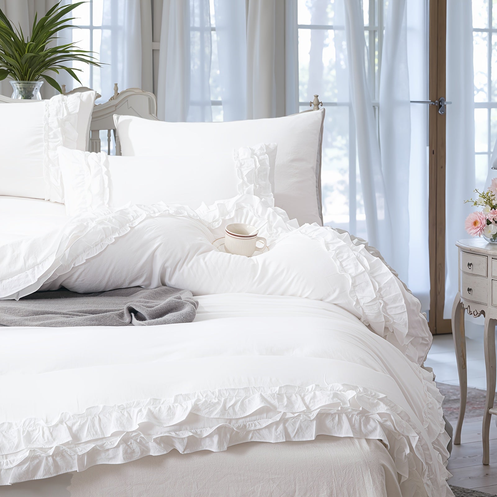 Ruffle Fringe Duvet Cover Queen Aesthetic Bedding Set Lace Ruffled Bedroom Decor Shabby Chic Comforter Cover Super Soft Breathable Cozy All Season Bedding Sets