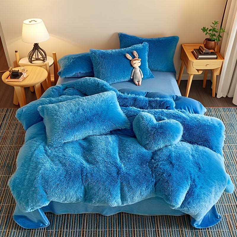 Set of 3\u002F4 Artificial Plush Duvet Covers (1 Duvet Cover, 1 Or 2 Pillowcases, 1 Love Pillow), Cozy And Soft Bedding, Solid Color Velvet Set for Autumn And Winter Warmth, Comfortable Quilt Cover, Ideal for Bedrooms And Guest Rooms