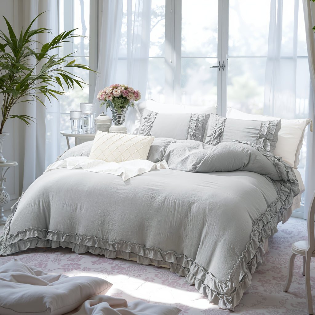 Ruffle Fringe Duvet Cover Queen Aesthetic Bedding Set Lace Ruffled Bedroom Decor Shabby Chic Comforter Cover Super Soft Breathable Cozy All Season Bedding Sets