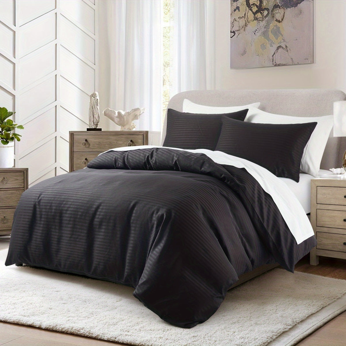 White Stripes | Twin\u002FQueen Size 68x90 | 3pcs Down Comforter Set Soft And Comfortable | Zipper Closure with Corner Ties Includes 1 Duvet Cover And 2 Pillowcases