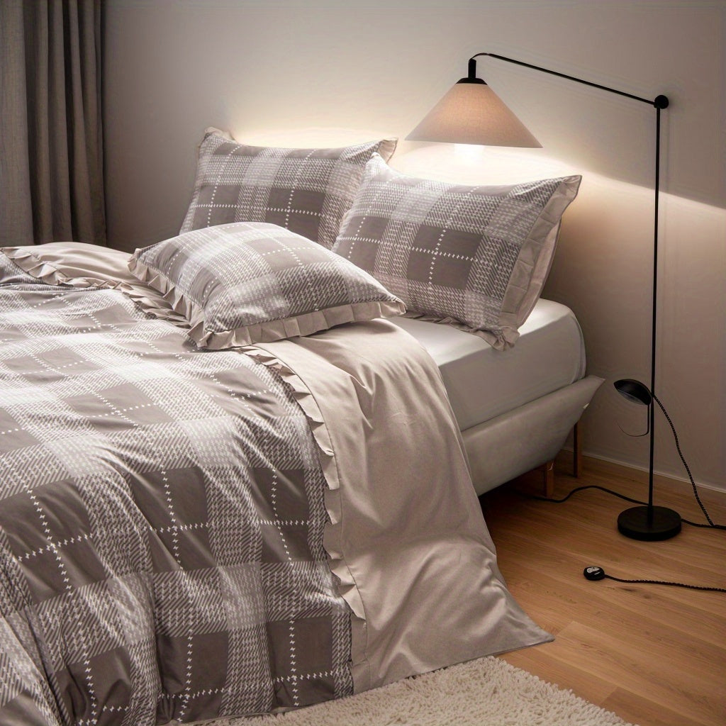 3pcs Ruffled Plaid Duvet Cover Set (1 Duvet Cover + 2 Pillowcases) Multi-color, Light Yellow\u002F Khaki\u002F Black\u002F Sky Blue\u002F Brown, Durable And Suitable for All Seasons, Machine Washable, (large\u002F Extra Large), Soft Fabrics to Create A Co