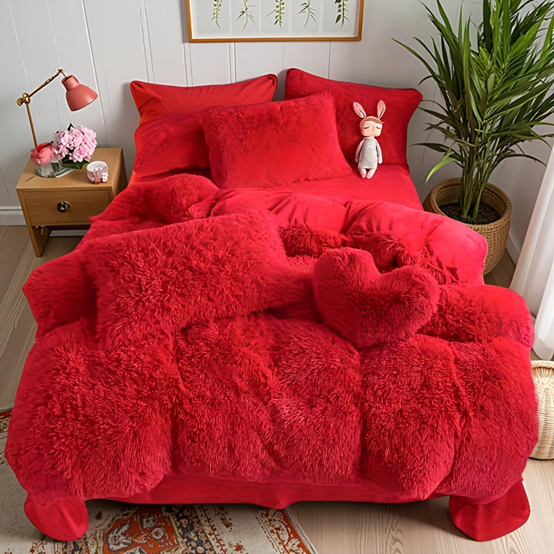 Set of 3\u002F4 Artificial Plush Duvet Covers (1 Duvet Cover, 1 Or 2 Pillowcases, 1 Love Pillow), Cozy And Soft Bedding, Solid Color Velvet Set for Autumn And Winter Warmth, Comfortable Quilt Cover, Ideal for Bedrooms And Guest Rooms
