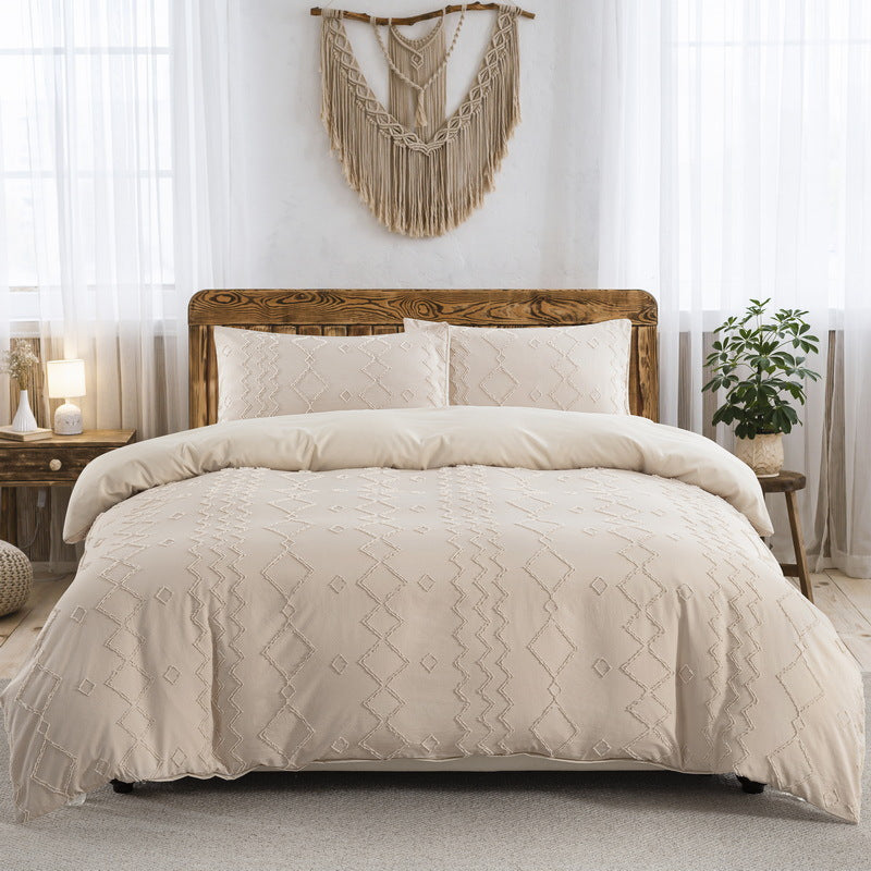 HERTALK Queen\u002F King 3pcs Bed Cover Set (1 Cover + 2 Pillowcases)---Beige Geometric Wave-Textured Bedding for Retro Natural Bedroom Lovers, Easy Care & Fade-Resistant S Ideal for Adults.