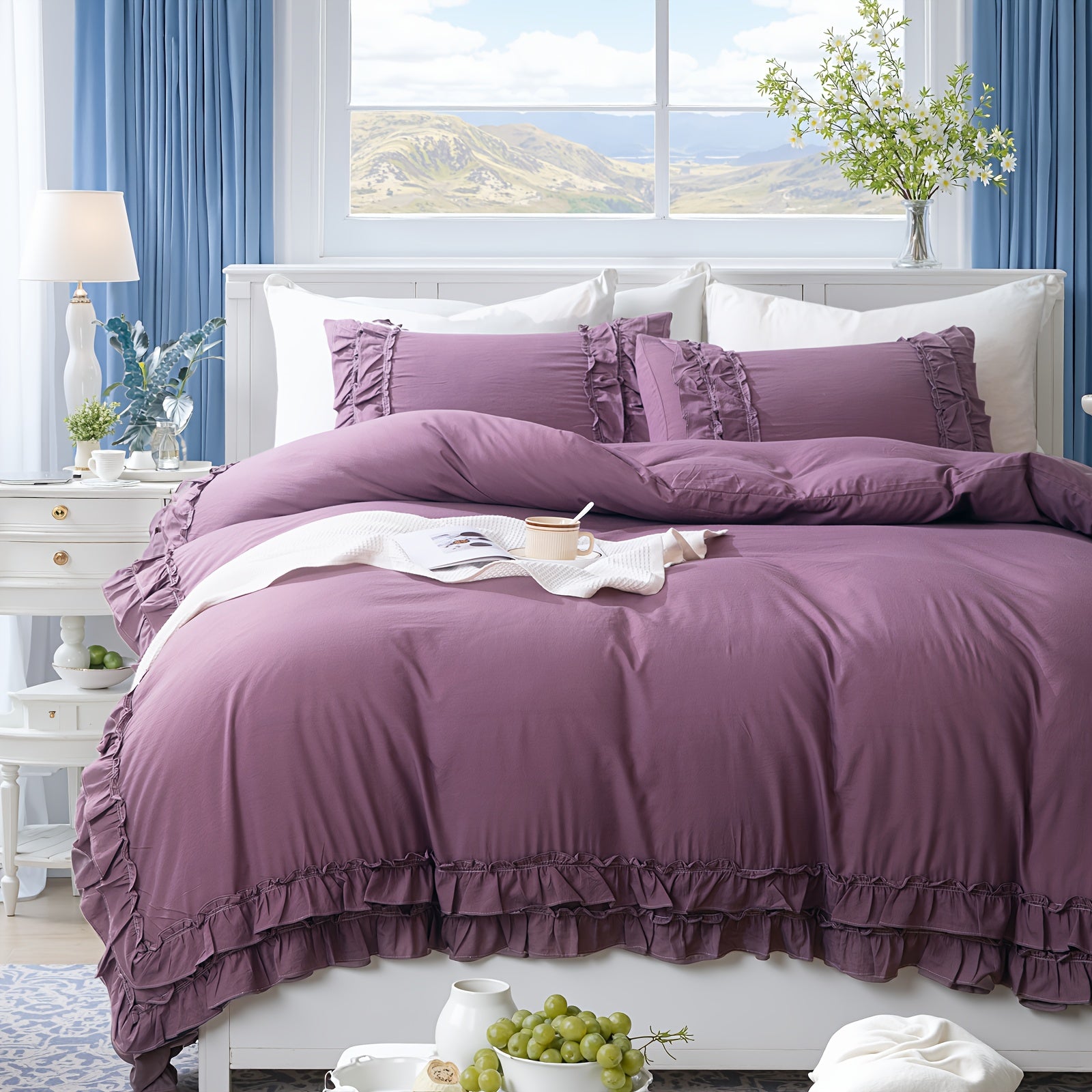 Ruffle Fringe Duvet Cover Queen Aesthetic Bedding Set Lace Ruffled Bedroom Decor Shabby Chic Comforter Cover Super Soft Breathable Cozy All Season Bedding Sets